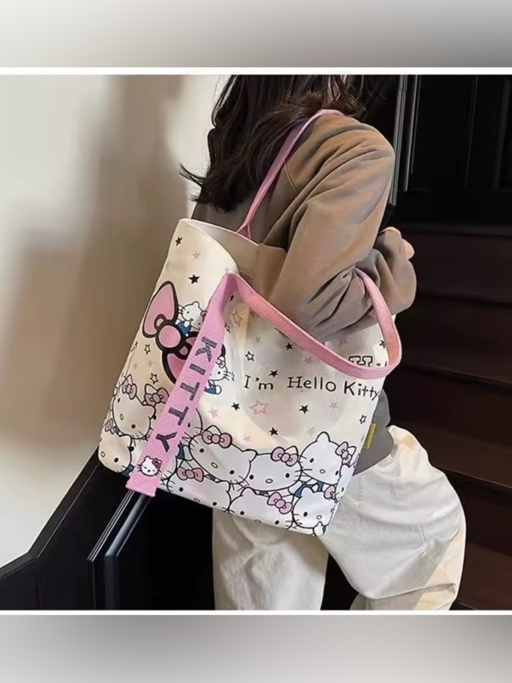 Hello Kitty Pink and White Tote Bag with Character Print - Picture 2 of 3